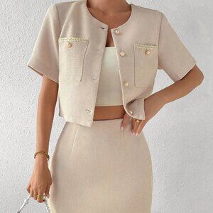 Apricot Preppy Womens Button Front Crop Jacket & Bodycon Skirt
